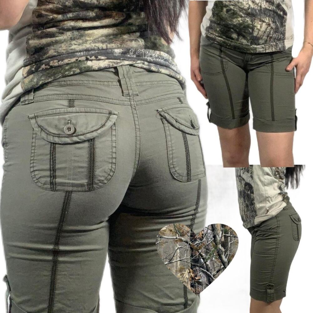 Green cargo shorts with adjustable